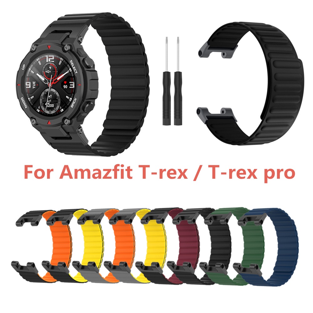 適用於華米 Amazfit T-rex矽膠磁吸錶帶 T-rex pro 強力磁吸矽膠錶帶 運動替換腕帶 防水 透氣錶帶
