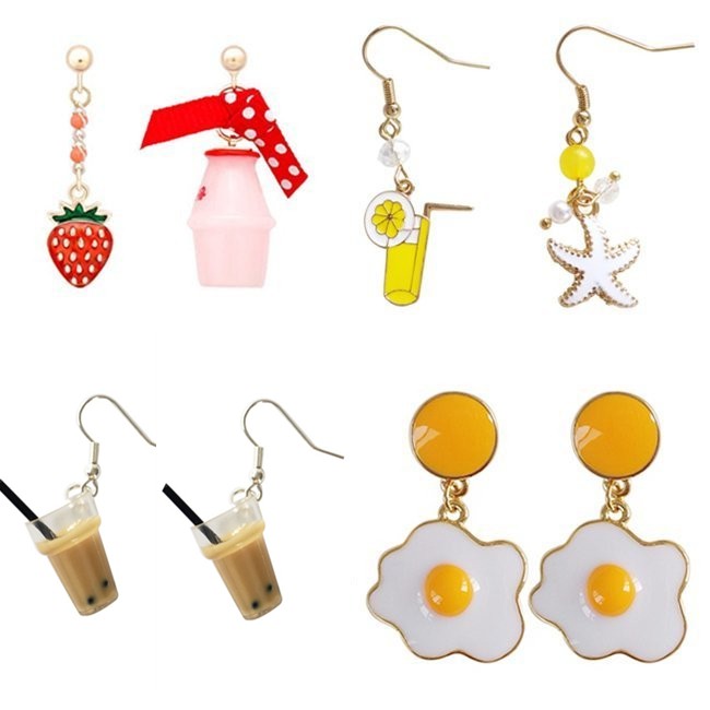 針式 夾式耳環 韓國少女創意可愛珍珠奶茶.太陽荷包蛋.草莓多多 垂墜耳環 K93450 台灣出貨 Danica 韓系飾品