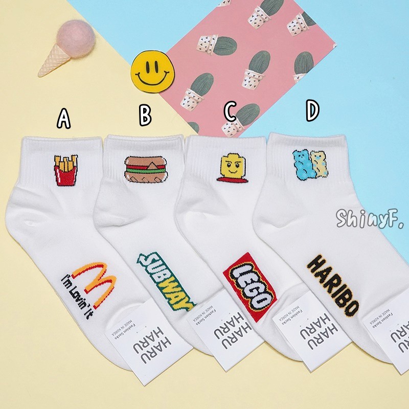 韓國襪子 LOGO 品牌 薯條 漢堡 LEGO 積木 軟糖熊 圖案 造型 短襪 女襪 韓襪 韓國