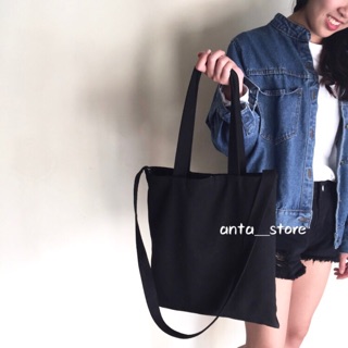 ANTA | 大學生必備兩用帆布包 有拉鍊 肩背包 購物袋 側背包 手提袋 兩用包 包包 黑色 米白色 白色