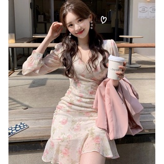 🇰🇷Korea韓國連線·正韓 V領抓皺碎花雪紡洋裝 連身裙 連身洋裝 長袖洋裝 碎花洋裝 雪紡洋裝 氣質洋裝