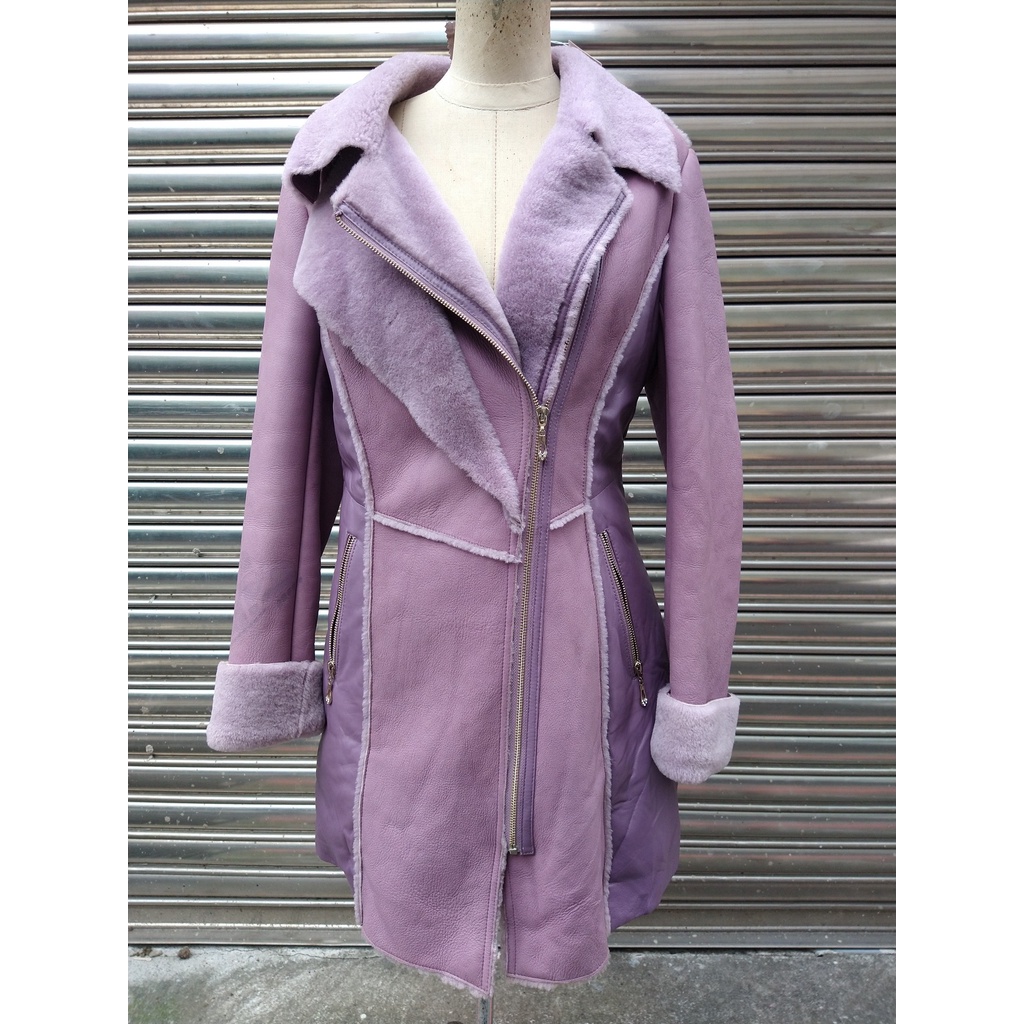GAIA紫色絨毛領皮衣外套🚴義大利羊皮 🎊真皮皮衣 皮大衣 🐏二手真皮羊皮外套 小羊皮西裝外套 長版風衣