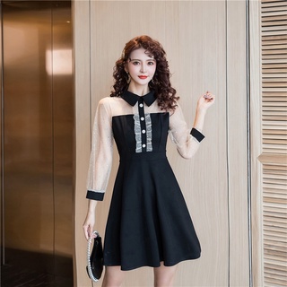 愛尚依人洋裝 收腰 連身裙 S-XL新款亮片網紗拼接時尚小黑裙T537D-9065.