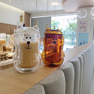 [極簡家居]雙層帶蓋小熊杯咖啡杯 耐熱玻璃奶茶杯 雙層隔熱玻璃杯 可愛小熊牛奶杯