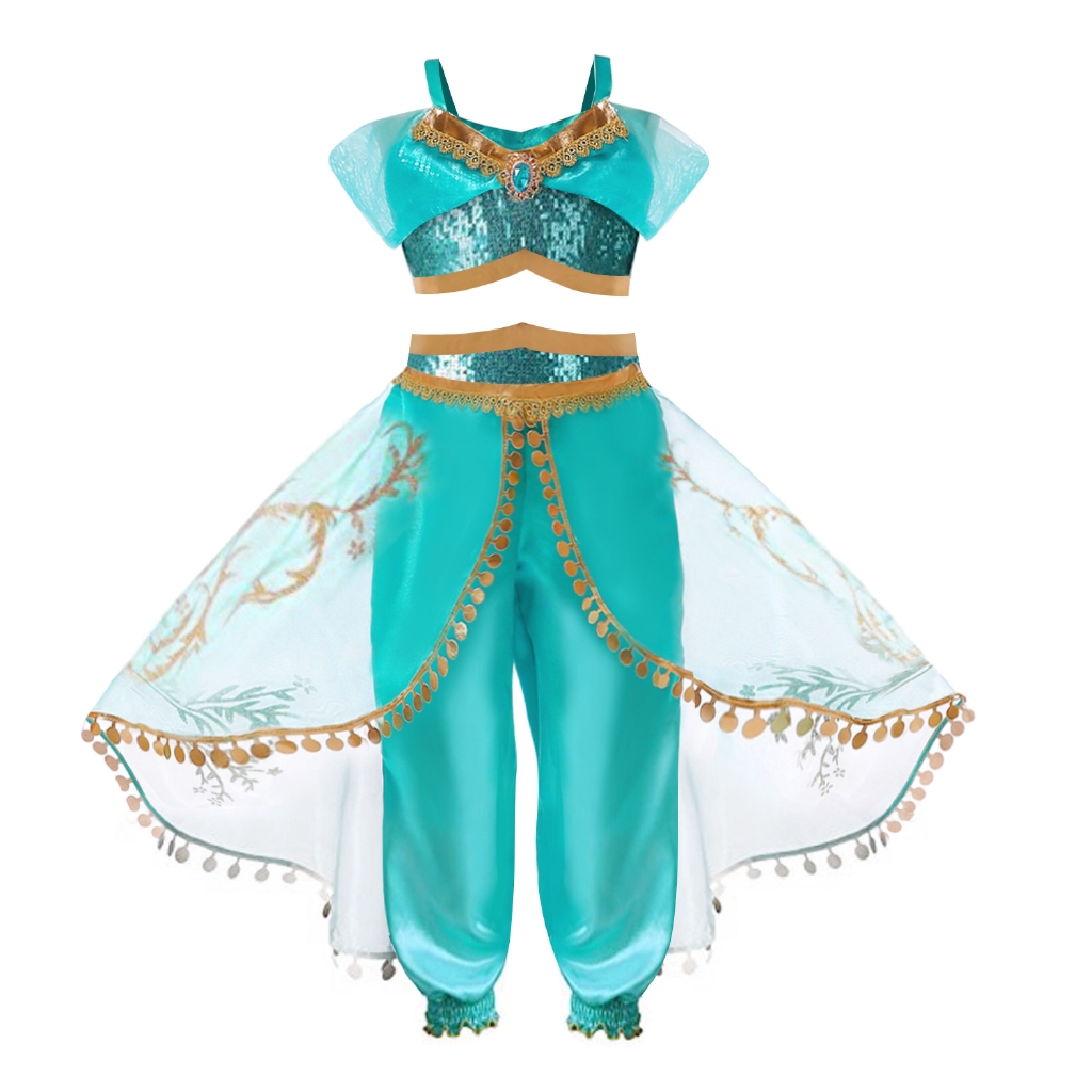 歐美兒童cosplay服裝 萬聖節 阿拉神丁茉莉公主亮片上衣+裙褲2件套 阿拉伯茉莉公主角色扮演假髮 童話公主風