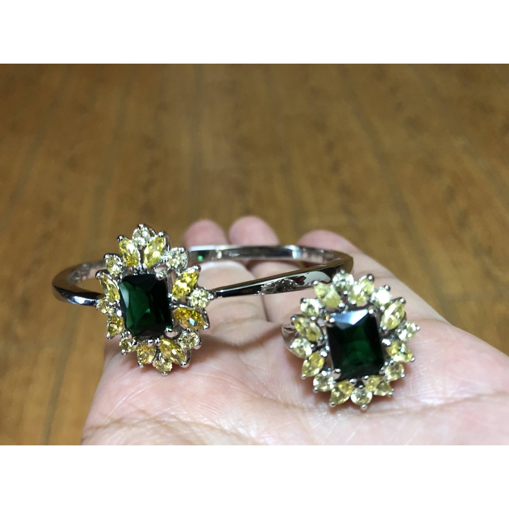 珠寶飾品首飾套組手鐲+戒指兩件套仿祖母綠黃鑽活圍