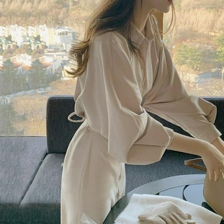 熱賣#2021春季韓國Chic法式小眾氣質燈籠袖系帶收腰顯瘦長款襯衫連衣裙