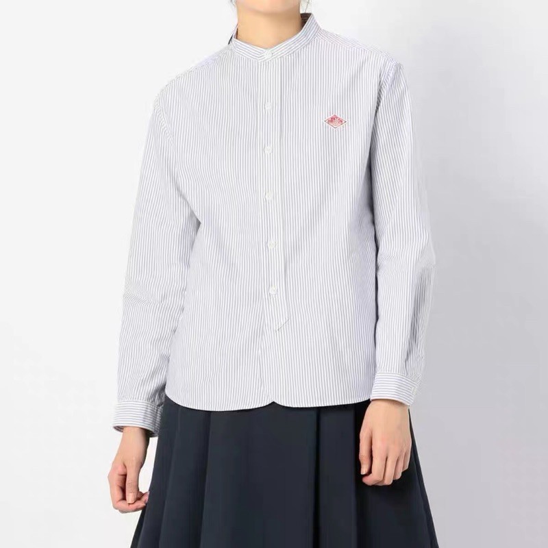 日本製 Danton 法式風格短立領純棉牛津襯衫 直條紋/純白