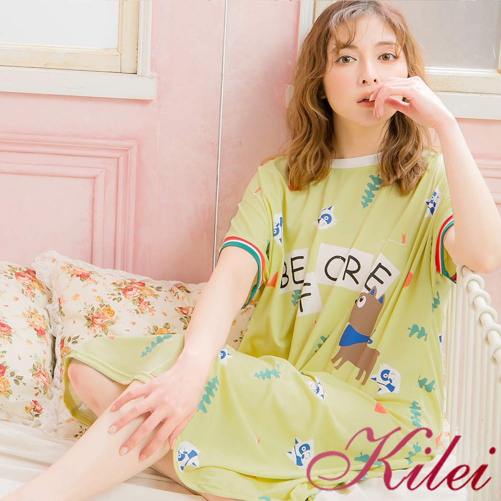 【Kilei】全尺碼-動物圖案牛奶絲短袖連身裙睡衣XA4064-02(頑皮綠)全尺碼