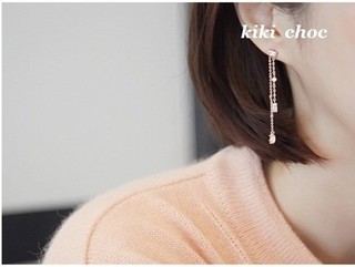 ♥kiki choc♥正韓*鋼針材質*方塊寶石長短雙鍊條鋯鑽垂墜吊墜長流蘇耳針/耳夾式耳環
