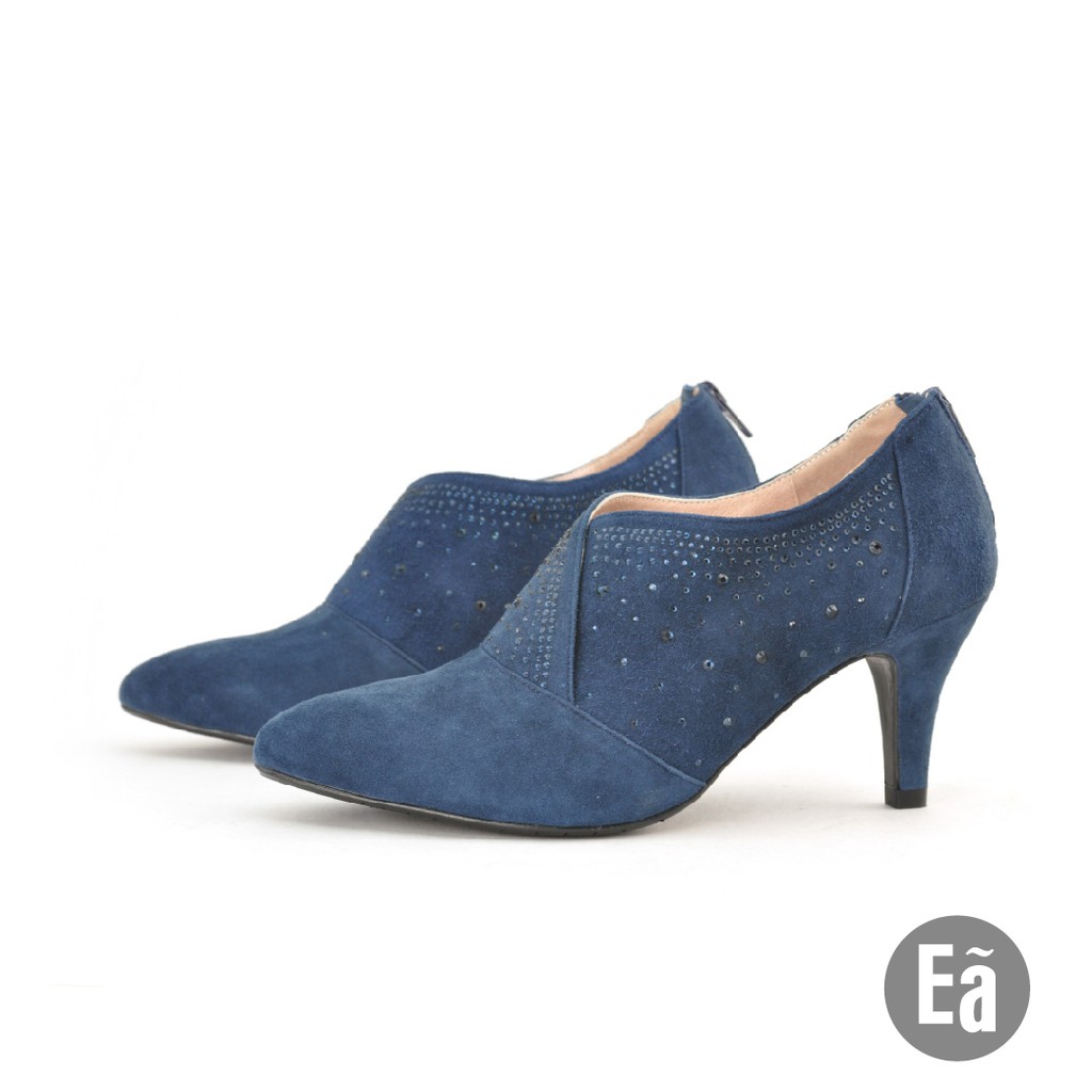 Ea專櫃女鞋 法蘭真皮絨毛貼鑽尖頭高跟短靴 踝靴(深藍)