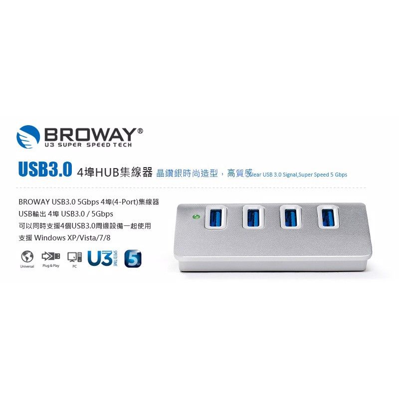 [二手] 現貨BROWAY 5Gbps USB 3.0 4PORT HUB集線器 晶鑽銀