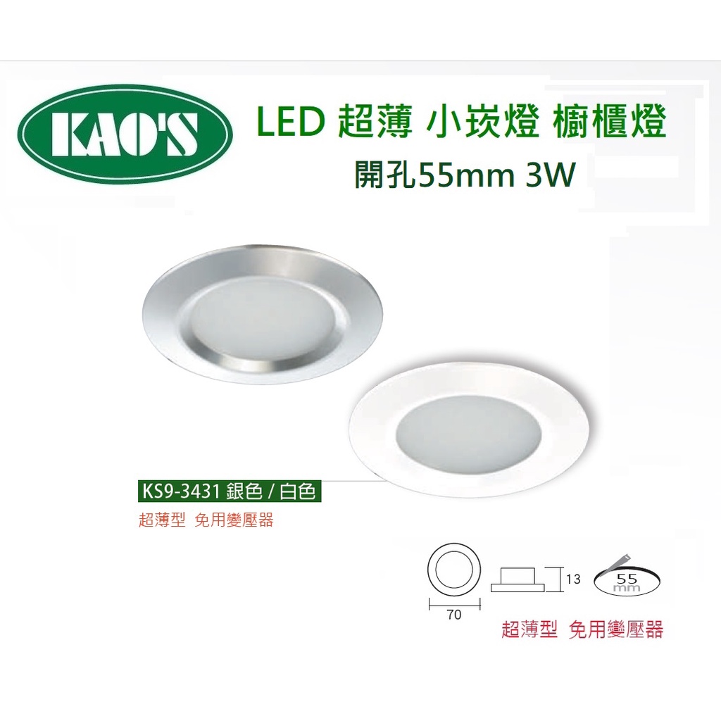 精選 KAO'S 台灣製造 LED 質感 超薄 小崁燈 櫥櫃燈 開孔55mm 銀/白 3W(黃光/自然光)全電壓