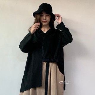 Clotcci 現貨✨下擺不規則長袖連帽外套女/長版外套/連帽上衣/不規則上衣/黑色外套/休閒外套/寬鬆外套/拉鍊外套