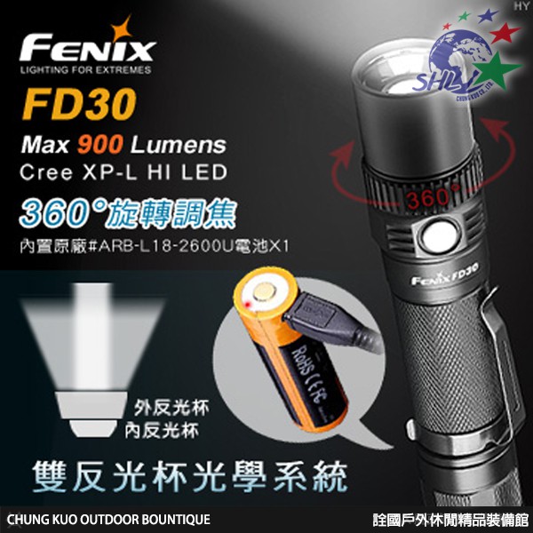 詮國 - FENIX 360°旋轉調焦手電筒 / 900lm / 雙反光杯光學系統 / FD30