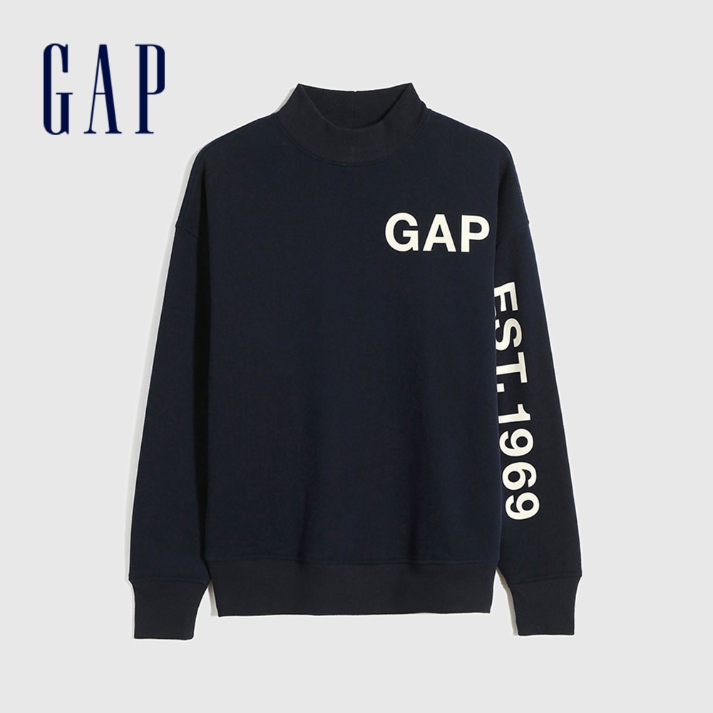 Gap 男裝 Logo刷毛半高領大學T 碳素軟磨系列-海軍藍(627526)
