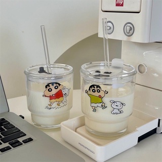 INS韓國 蠟筆小新吸管玻璃杯✨水杯 隨手杯 卡通 玻璃杯 學生 便攜式 吸管杯 咖啡杯 耐熱拍照道具居家杯子交換禮物