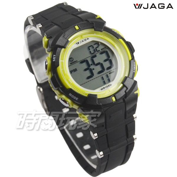 JAGA 捷卡 M1199-AF(黑綠) 防水可游泳 冷光照明 小巧女錶 多功能運動電子錶 鬧鈴 計時碼錶【時間玩家】
