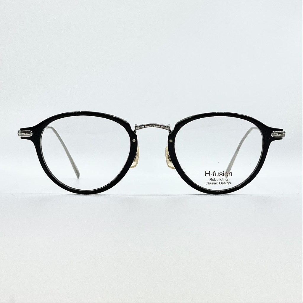 【H-fusion】日本手工平光眼鏡 黑色板料波士頓圓框 白金色雕花鈦金屬鼻樑鏡腳 型號 HF-122