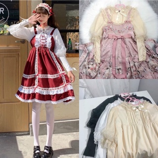 預購*lolita 蘿莉塔羊腿袖雪紡華麗設計感蝴蝶結綁帶長袖襯衫 內搭 白色 黑色 日系 哥德 復古 少女 上衣