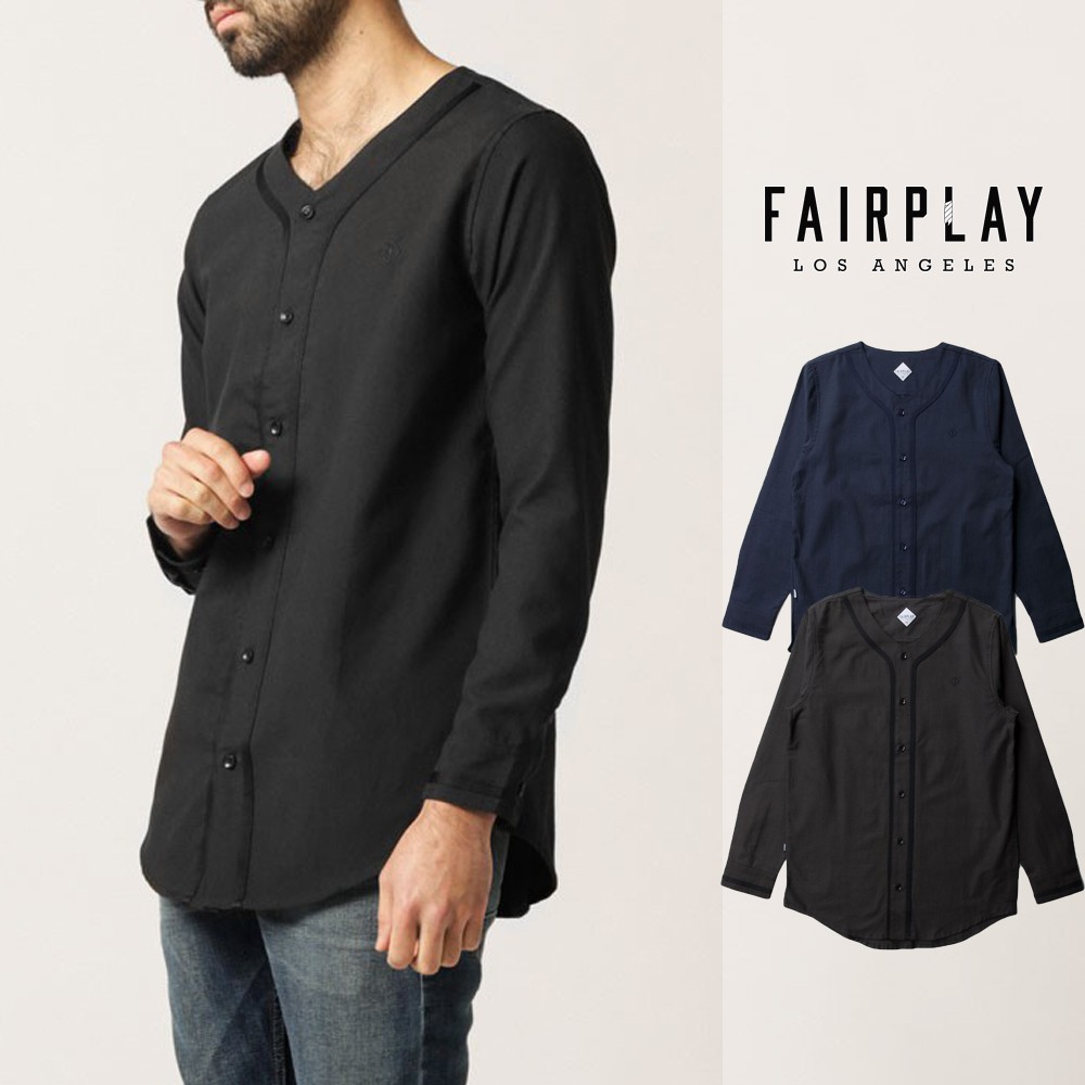 FairPlay Mattias 黑 藍 長袖T恤 休閒 素色 外搭 長版 棒球衫 棒球衣 圓弧下擺 O/T