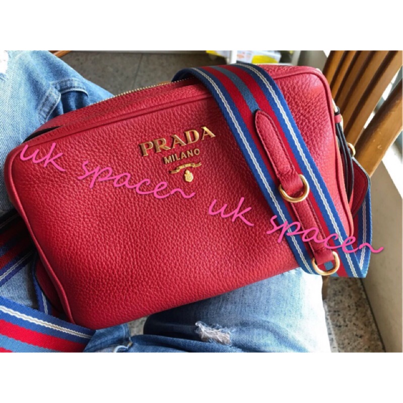 真品 Prada 紅色 牛皮 雙層相機包 斜背包 雙背帶