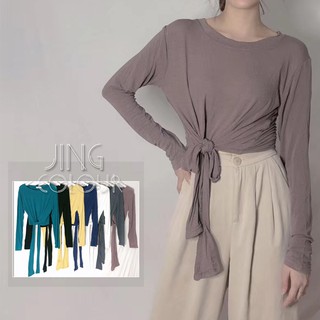 特價*7色現貨秒出/實拍【JinG】素色多穿法下綁帶圓領上衣 收腰顯瘦綁帶長袖衣 交叉後綁帶 打底衣