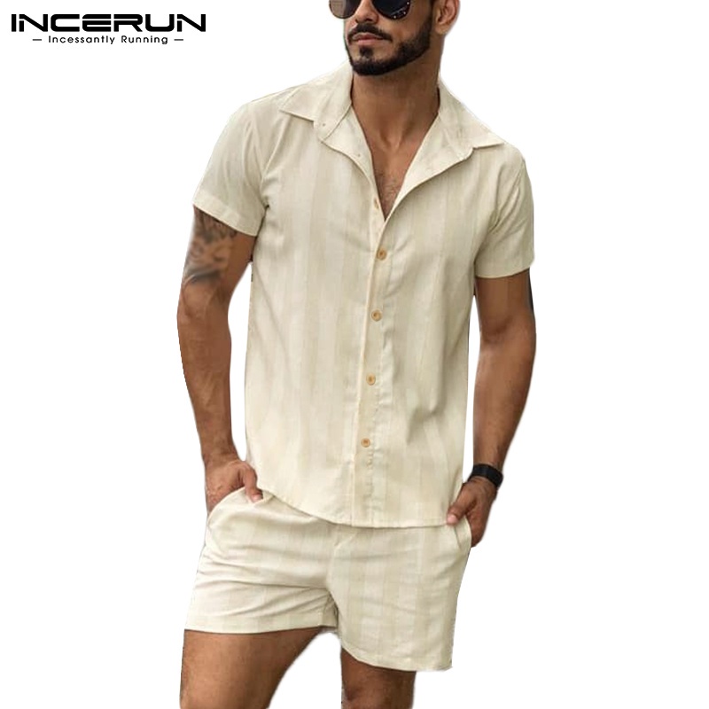 Incerun 男士夏季時尚短袖襯衫 + 短褲素色休閒衣服套裝