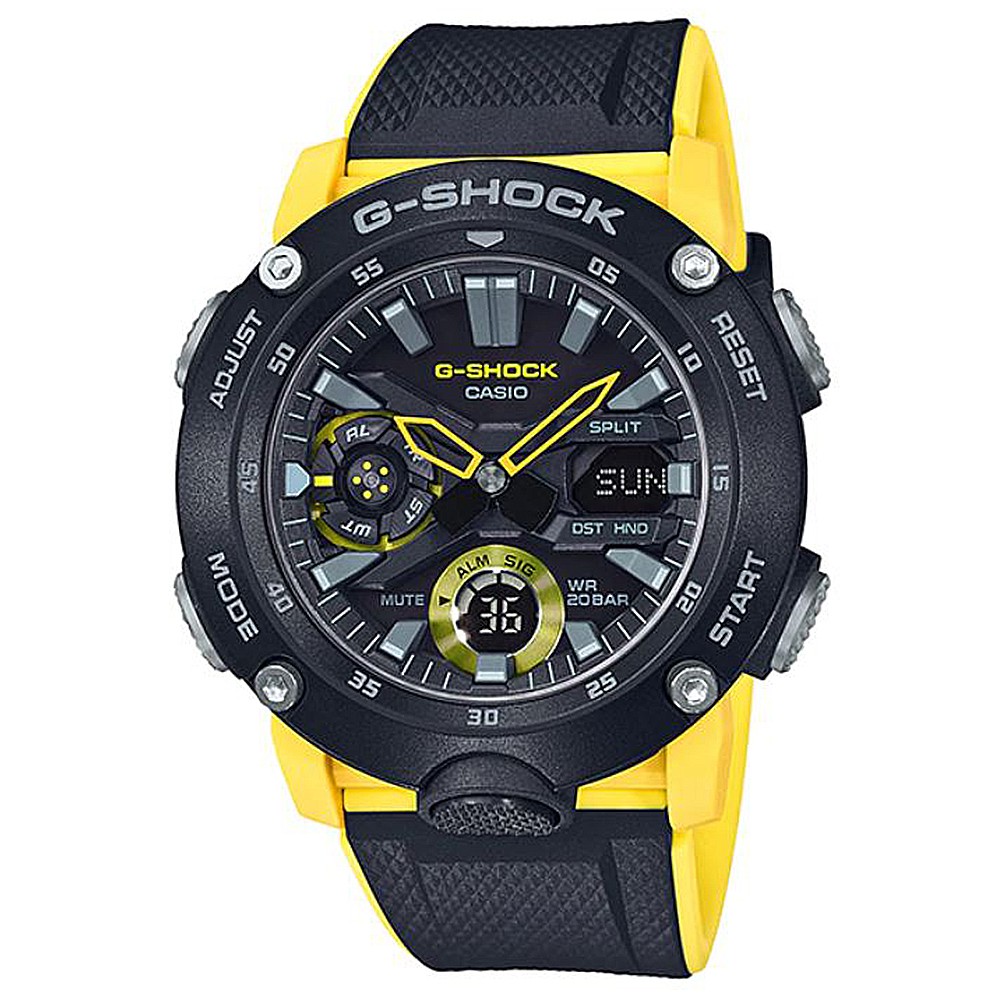 【CASIO】G-SHOCK URBAN OUTDOOR碳纖維可替換錶帶運動錶-黑X黃(GA-2000-1A9)