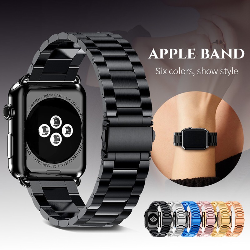 適用Apple Watch6/SE手錶帶金屬三珠不銹鋼帶1/2/3/4/5代蘋果手錶5代iwatch鋼錶帶運動腕帶鏈式潮