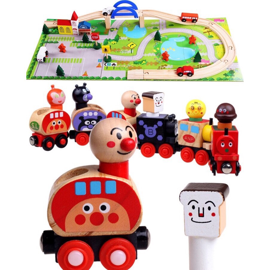 (台灣出貨)交通場景+麵包超人磁性車玩具組合 城市軌道立橋 木製益智玩具小火車