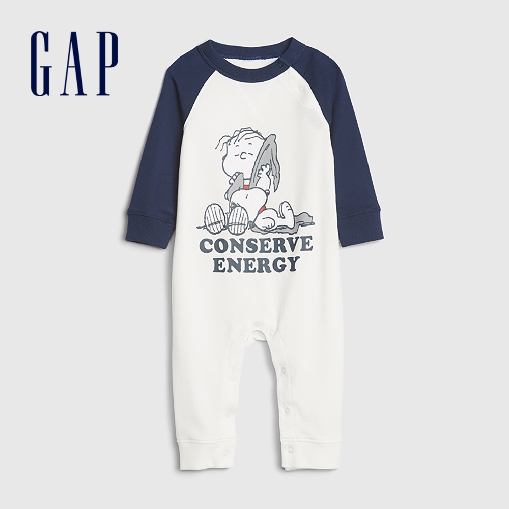Gap 嬰兒裝 Gap x Snoopy史努比聯名 童趣印花圓領長袖包屁衣-白色(625096)