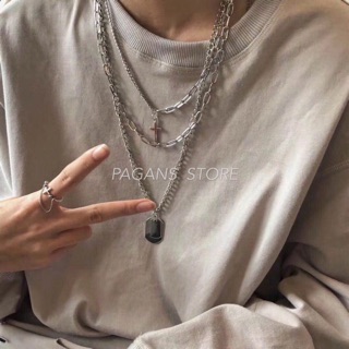 Image of 【PAGANS STORE】韓國 鐵牌 鎖鏈 十字架 三合一 頸鍊 三件組 飾品 銀飾 配件 項鍊