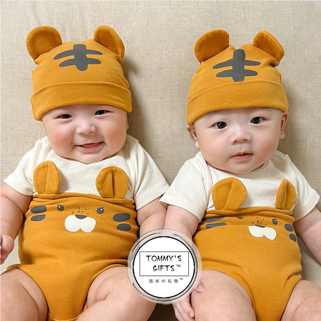 嬰兒夏季衣服新生女童男孩老虎圖案短袖連身衣 + 帽子套裝