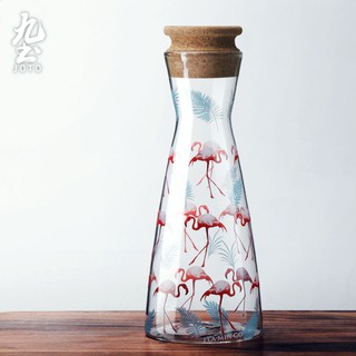 九土火烈鳥涼水壺北歐風手繪玻璃壺高硼矽玻璃壺咖啡廳餐廳飯店網紅冷水壺果汁壺軟木塞冷飲壺花茶壺耐冷耐熱玻璃壺CHR0578