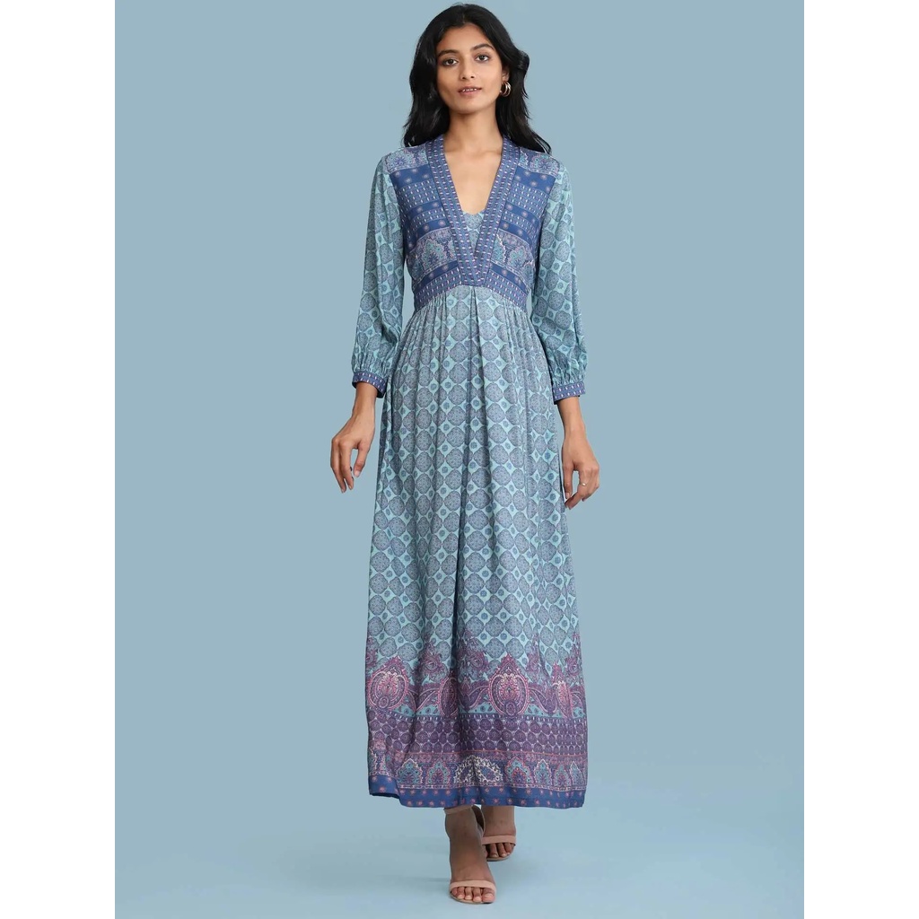 【Lakshmi 各國好物 印度】印度精品 藍色印花收腰長洋裝