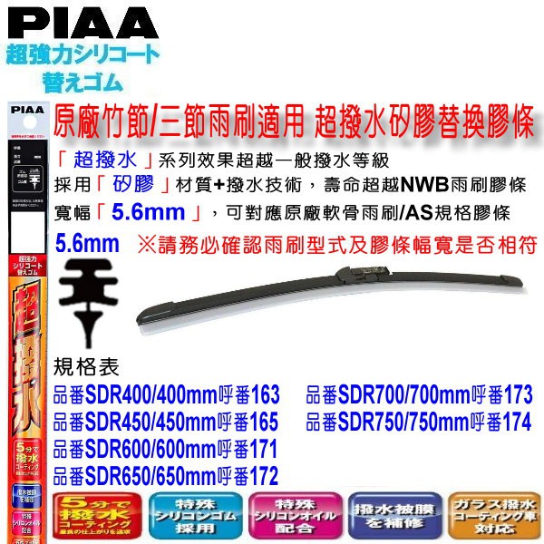 和霆車部品中和館—日本PIAA 超撥水系列 原廠軟骨雨刷撥水矽膠替換膠條 寬幅5.6mm SDR AS