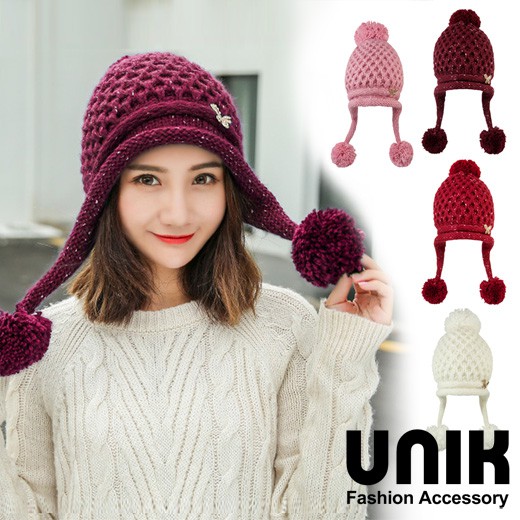 【現貨】UNIK 蝴蝶編織毛球加厚護耳毛線帽(4色選)