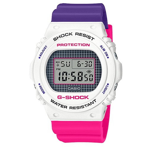 【CASIO】G-SHOCK 復古格紋圓框撞色電子錶-白X桃紅X亮紫(DW-5700THB-7)