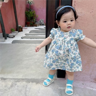 ins韓版夏裝女童洋裝寶寶嬰幼兒清涼透氣牡丹花印花短袖裙子薄款小清新碎花連身裙 小洋裝
