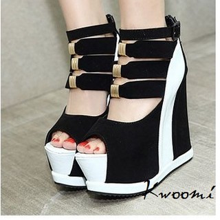 [Kwoomi]黑白撞色條紋魚口楔型厚底 涼鞋 楔型鞋 A13