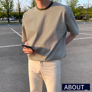 【ABOUT_歐巴】條紋潮流休閒寬鬆短袖T恤 韓 短袖上衣 街頭 百搭 夏天 男