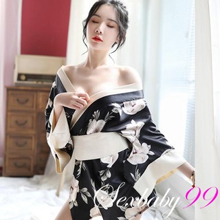日式深V性感開襟式印花和服角色扮演-黑白花sexbaby99 【現貨天天出】