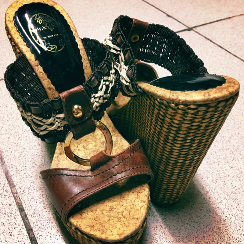 艾蘿❤️-二手/Wink波希米亞風褐色編織楔型鞋/厚底鞋