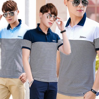 【Billgo】※現貨 好質感~針織棉條紋拼接POLO衫條紋上衣4色 M-3XL碼【CE57035】