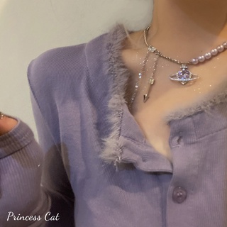 原創設計紫色鋯石項鍊人造珍珠短項鍊愛心鎖骨鏈