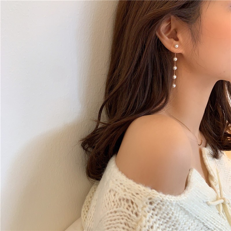 現貨-S925純銀針長款珍珠流蘇耳環個性簡約氣質耳釘韓國百搭時尚耳線-C615