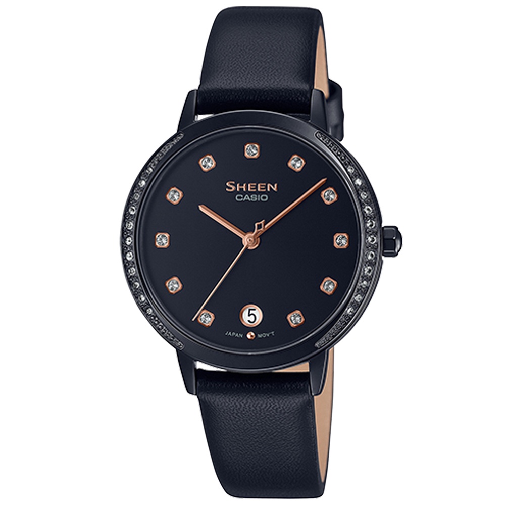 【CASIO】SHEEN 知性美人黑色IP離子水晶點綴婉約皮帶腕錶(SHE-4056BL-1A)正版公司貨