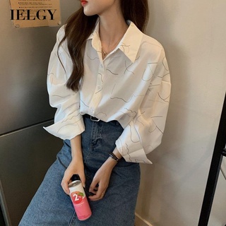 IELGY 復古港風印花韓版寬鬆小眾設計上衣長袖襯衫女