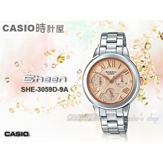 CASIO 時計屋 手錶專賣店 SHEEN SHE-3059D-9A 三眼女錶 不鏽鋼 玫瑰金 防水 SHE-3059D